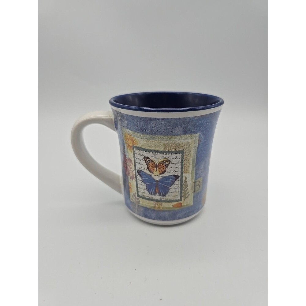 Vintage Butterfly & Flora Entomology Botany Decorative Coffee Mug Cobalt Blue